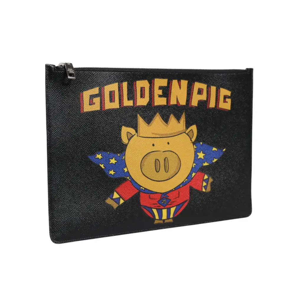 Dolce & Gabbana Schwarzes Leder Golden Pig Print Herren Clutch Pouch Borse Tasche