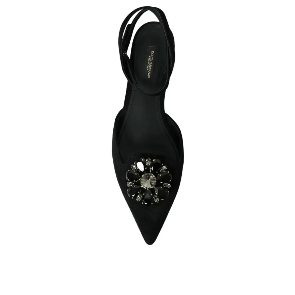 Dolce & Gabbana Schwarzes Leder Kristall Slingback Sandalen Schuhe - EU38/US7.5