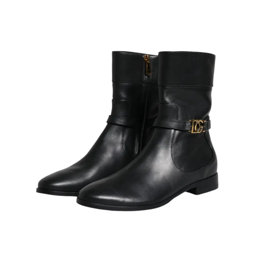 Dolce & Gabbana Schwarzes Leder Logo Mid Calf Stiefel Schuhe - EU37.5/US7