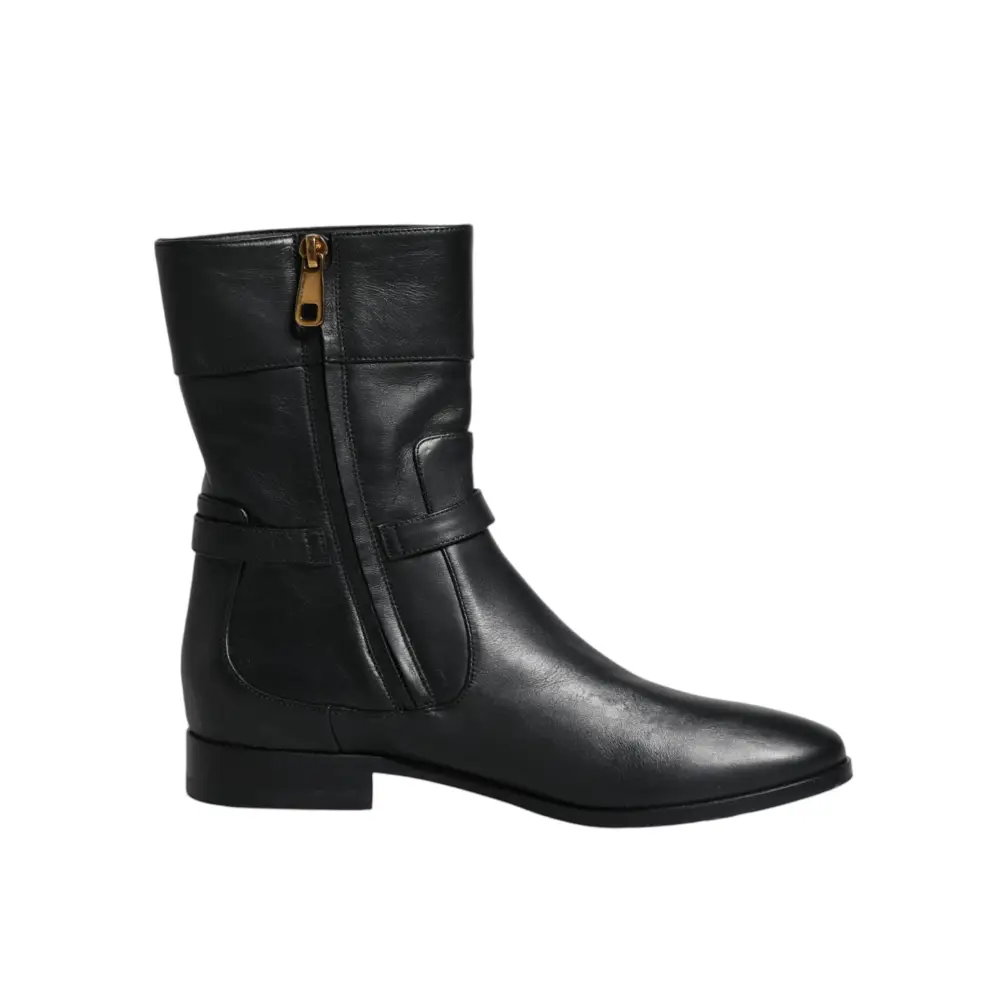 Dolce & Gabbana Schwarzes Leder Logo Mid Calf Stiefel Schuhe - EU37.5/US7