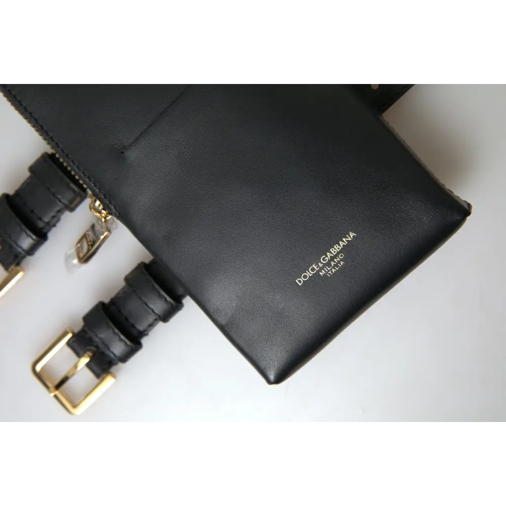 Dolce & Gabbana Schwarzes Leder Männer Geldbörse Double Belt Strap Armband Tasche