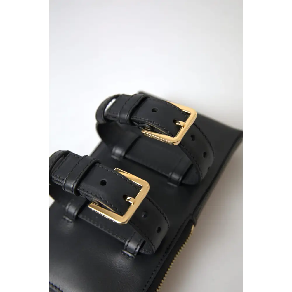 Dolce & Gabbana Schwarzes Leder Männer Geldbörse Double Belt Strap Armband Tasche