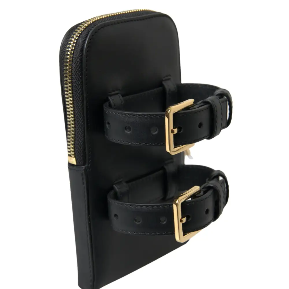 Dolce & Gabbana Schwarzes Leder Männer Geldbörse Double Belt Strap Armband Tasche