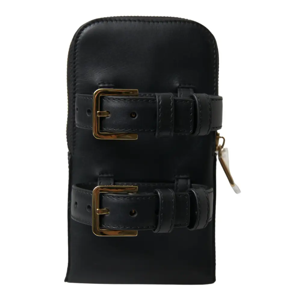 Dolce & Gabbana Schwarzes Leder Männer Geldbörse Double Belt Strap Armband Tasche