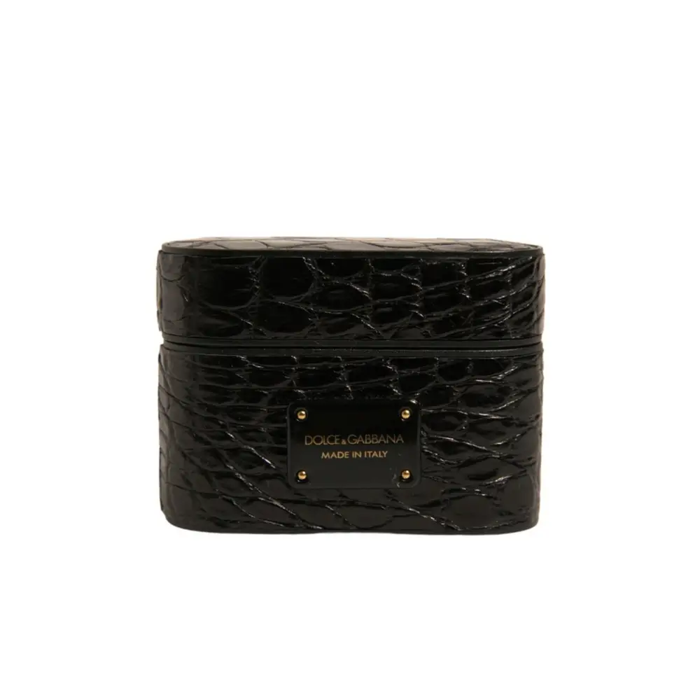 Dolce & Gabbana Schwarzes Leder Metall Logo Plaque Halter Airpods Fall