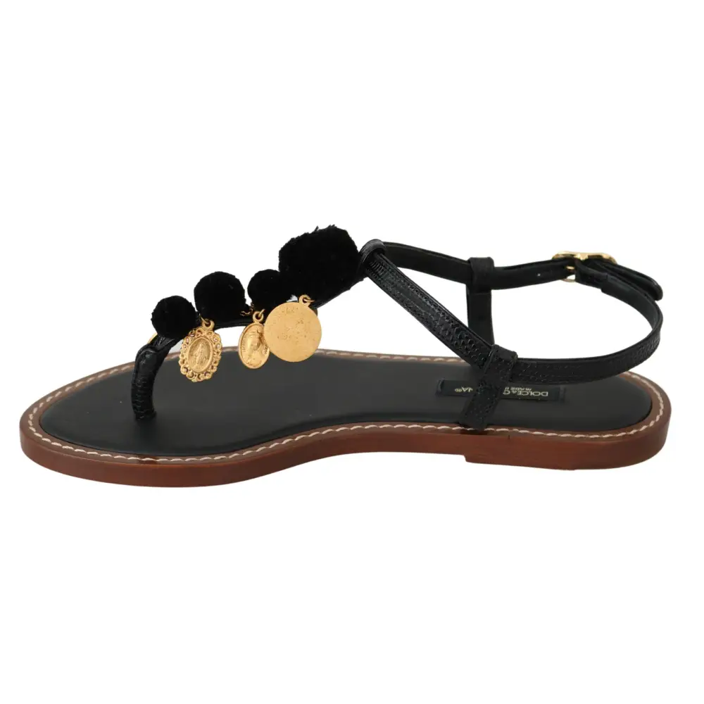 Dolce & Gabbana Schwarzes Leder Münzen Flip Flops Sandalen Schuhe - EU35/US4.5