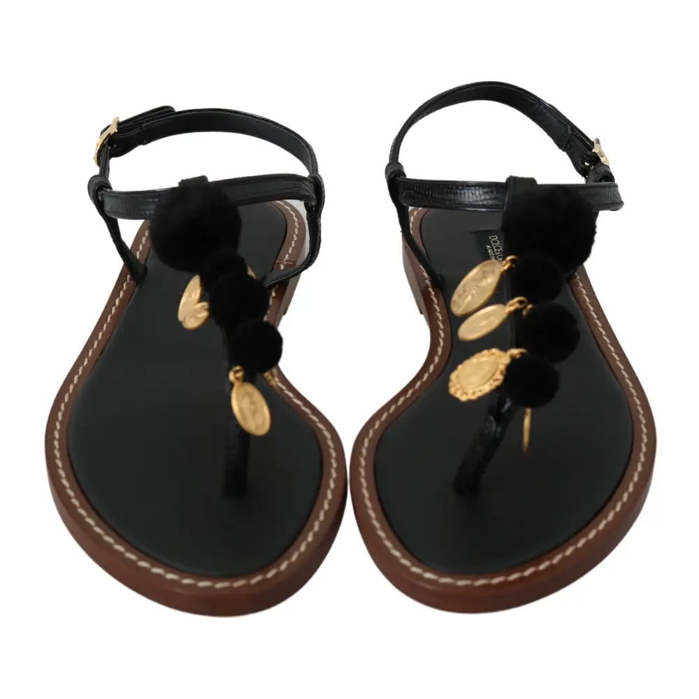 Dolce & Gabbana Schwarzes Leder Münzen Flip Flops Sandalen Schuhe - EU35/US4.5