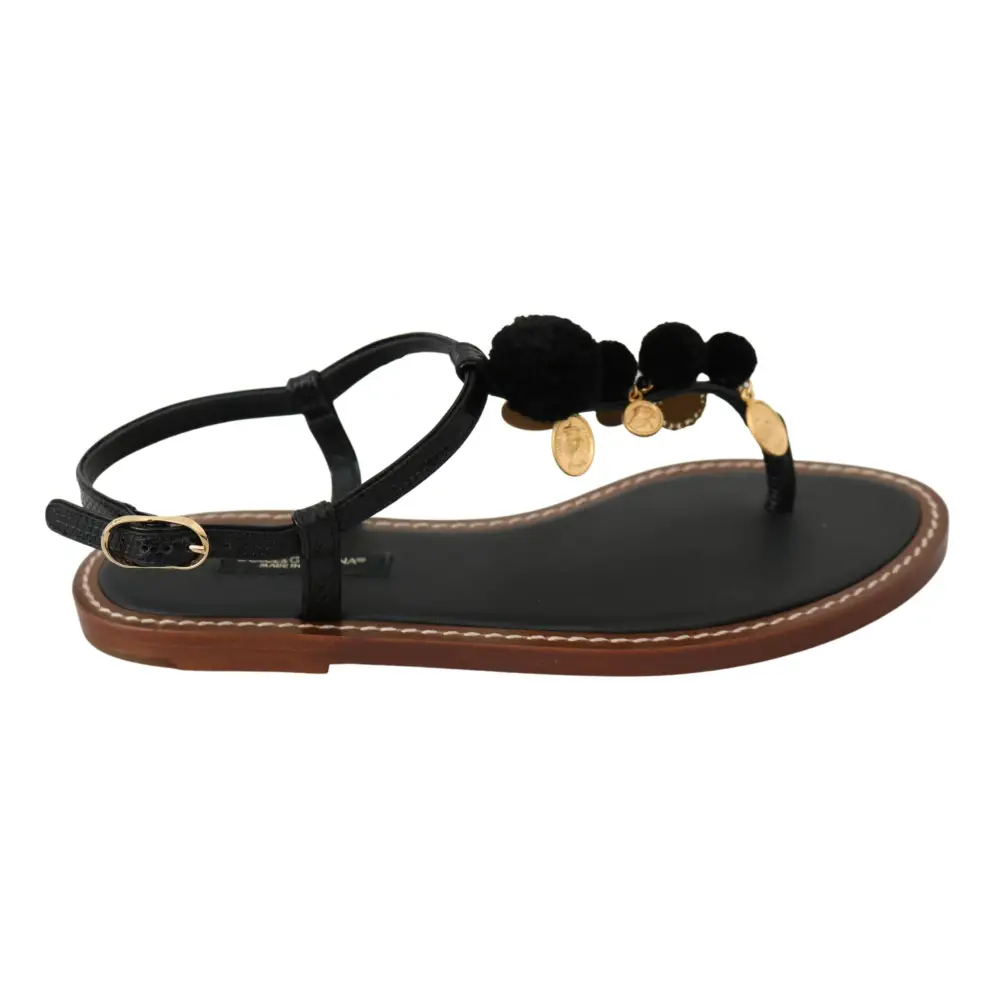 Dolce & Gabbana Schwarzes Leder Münzen Flip Flops Sandalen Schuhe - EU35/US4.5
