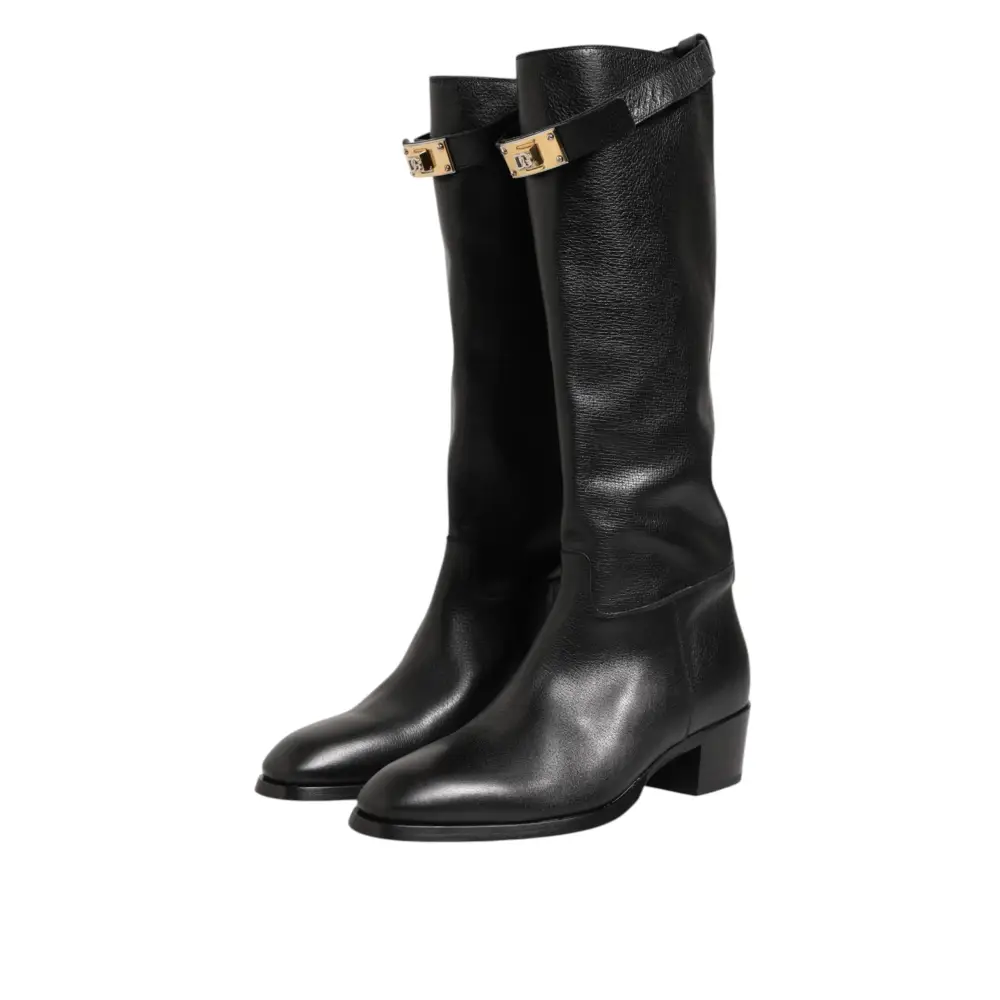 Dolce & Gabbana Schwarzes Logo Plaque Over The Calf Stiefel Schuhe - EU44/US11