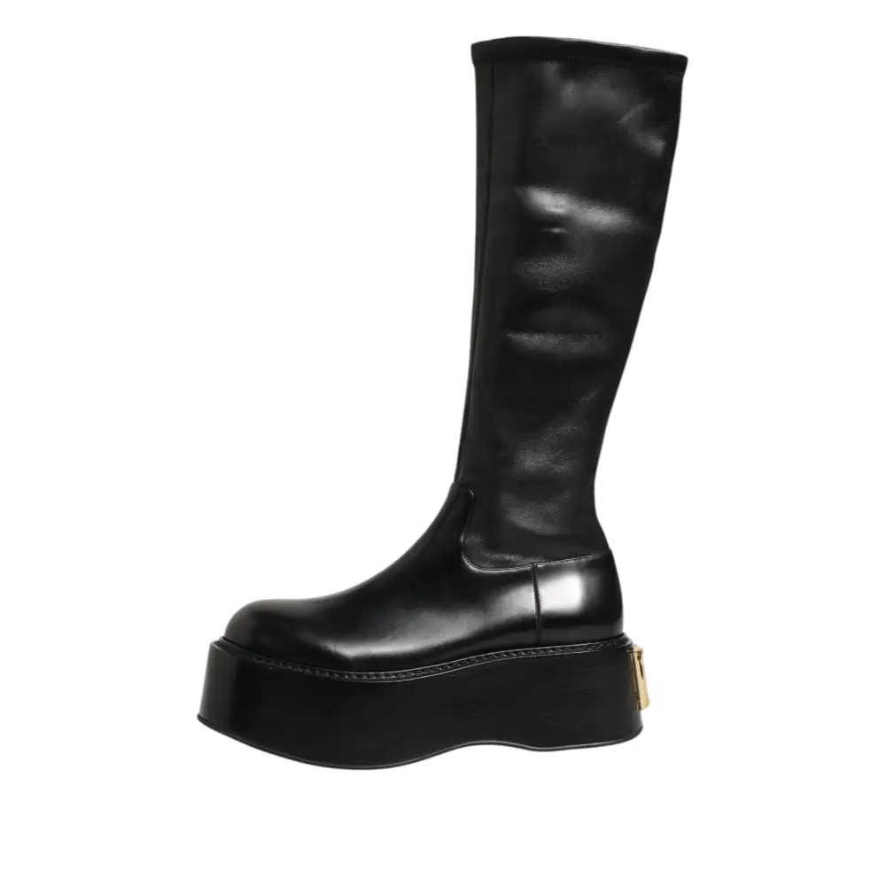 Dolce & Gabbana Schwarzes Logo Plaque Over The Calf Stiefel Schuhe - EU44/US11