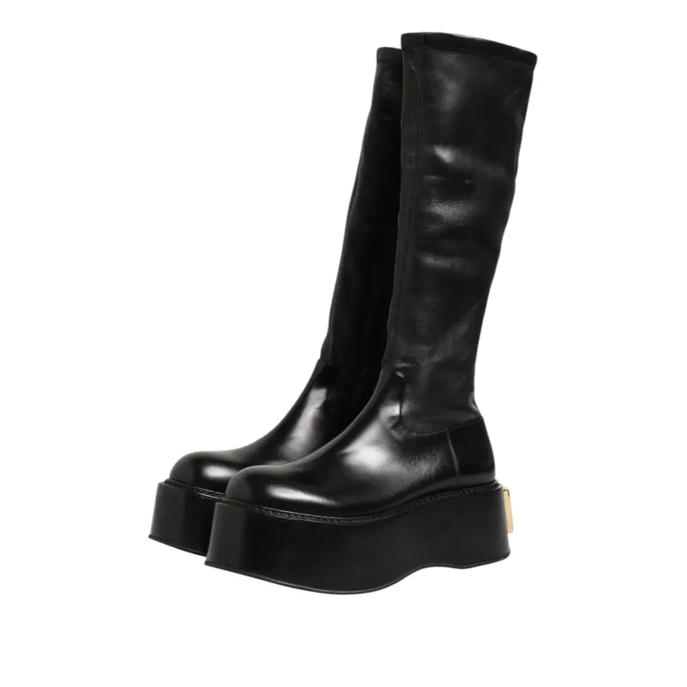 Dolce & Gabbana Schwarzes Logo Plaque Over The Calf Stiefel Schuhe - EU44/US11