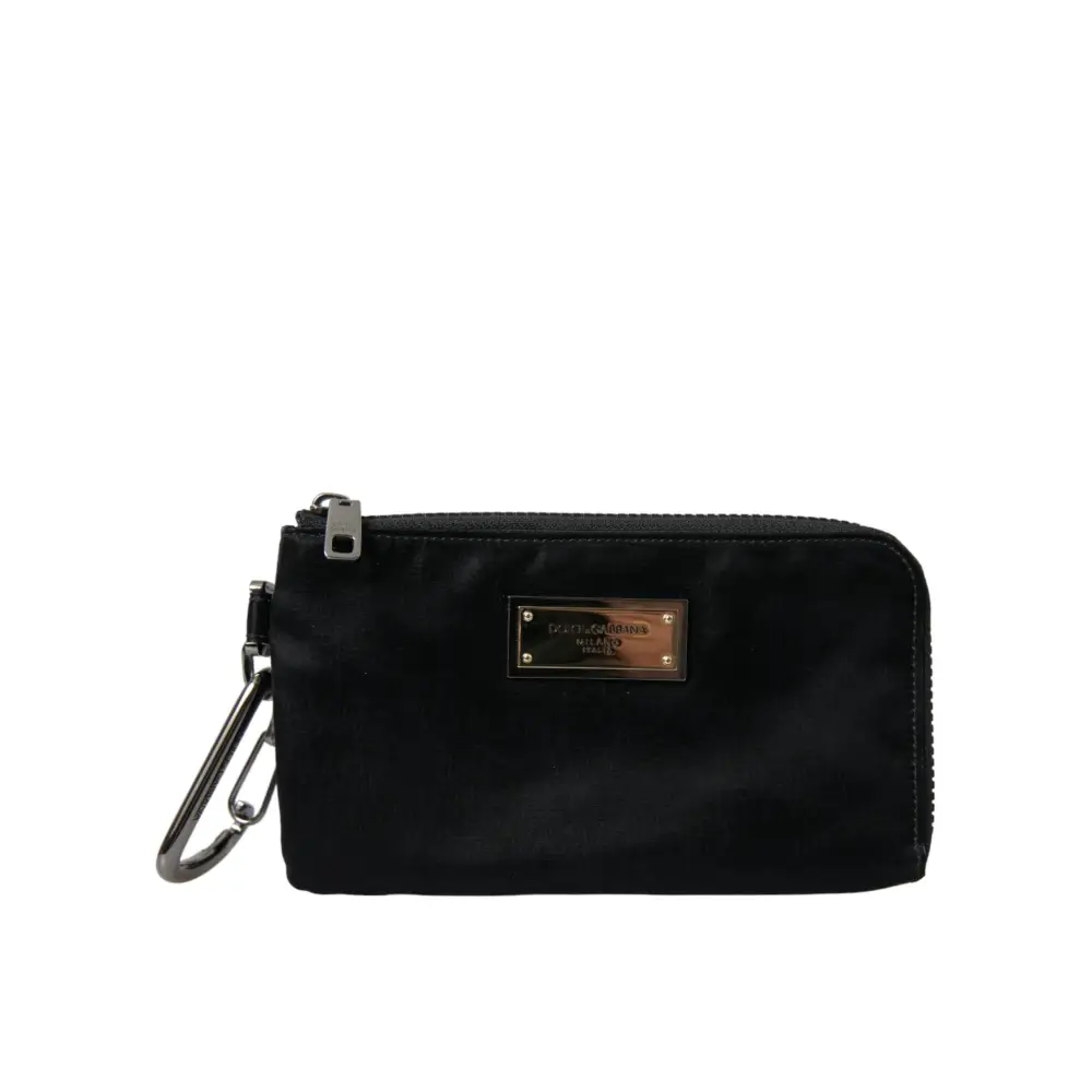 Dolce & Gabbana Schwarzes Nylon Logo Plaque Schlüsselanhänger Beutel Clutch Taschen