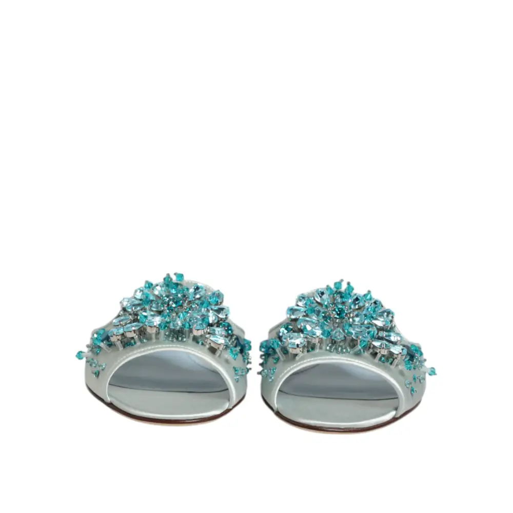 Dolce & Gabbana Silber blaue Leder Perlen verschönern Slide Schuhe