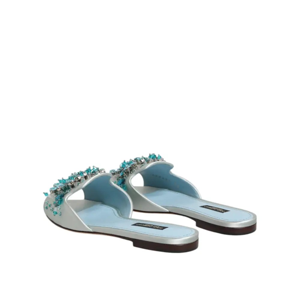 Dolce & Gabbana Silber blaue Leder Perlen verschönern Slide Schuhe