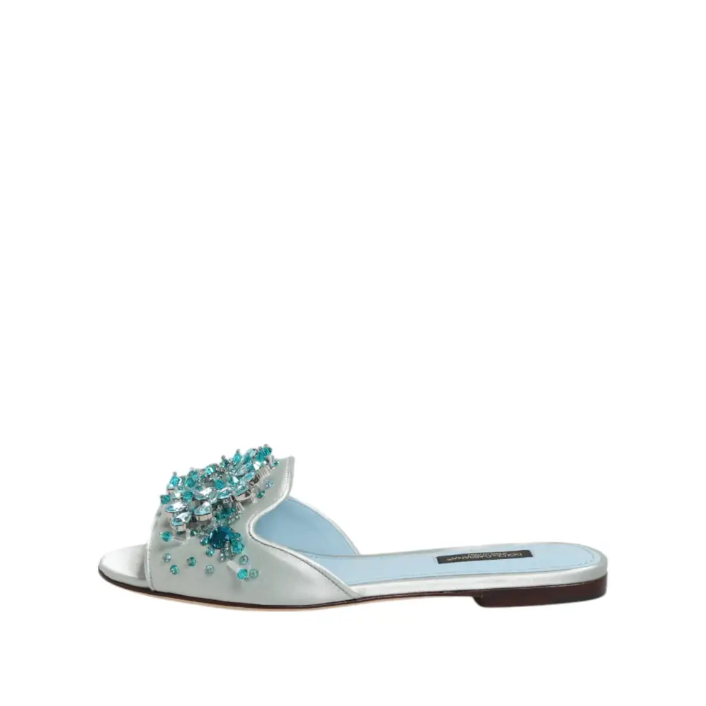 Dolce & Gabbana Silber blaue Leder Perlen verschönern Slide Schuhe