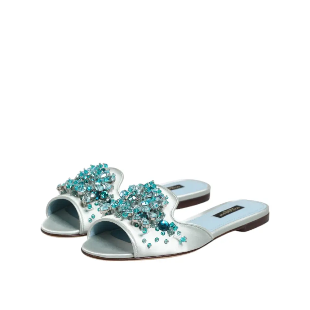 Dolce & Gabbana Silber blaue Leder Perlen verschönern Slide Schuhe