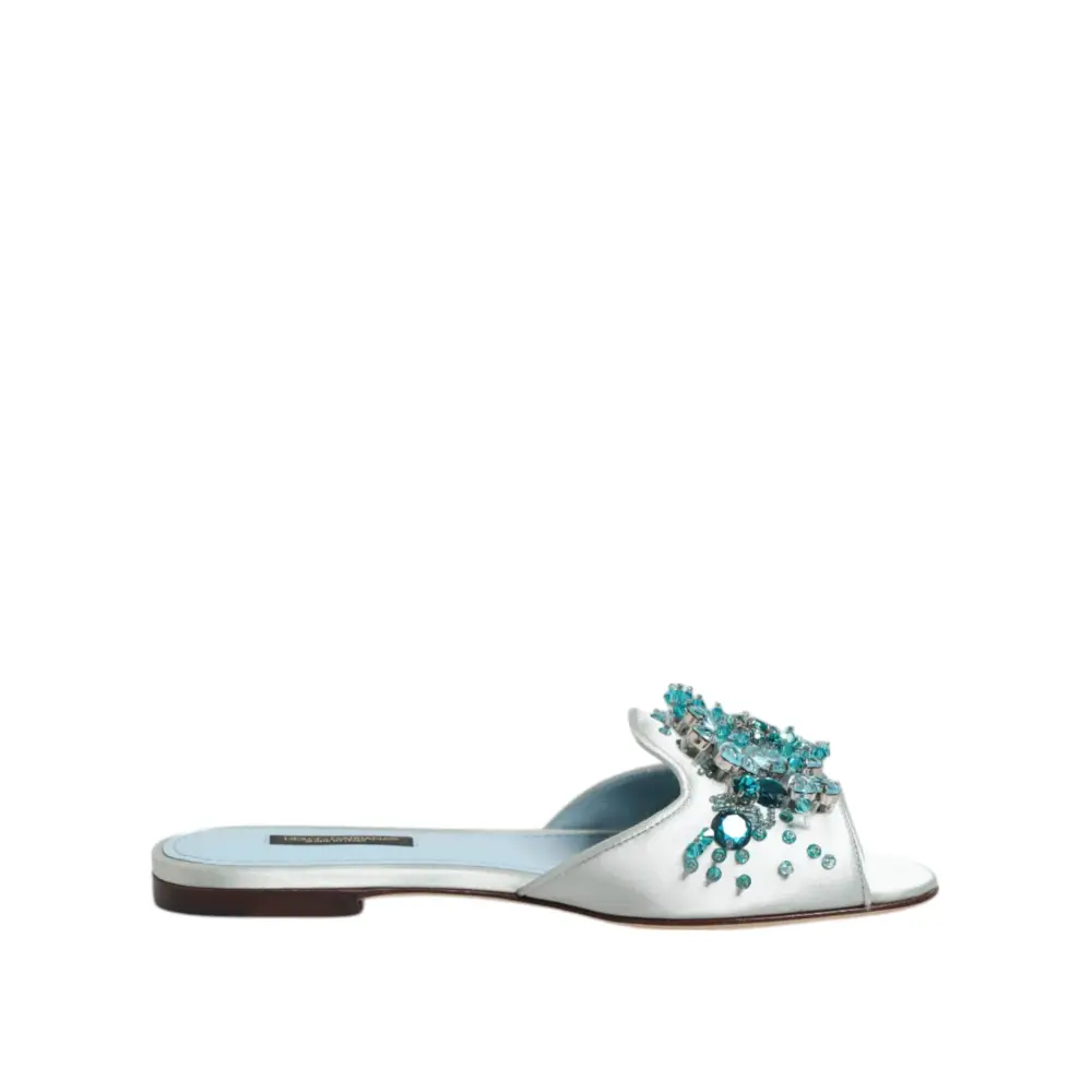 Dolce & Gabbana Silber blaue Leder Perlen verschönern Slide Schuhe