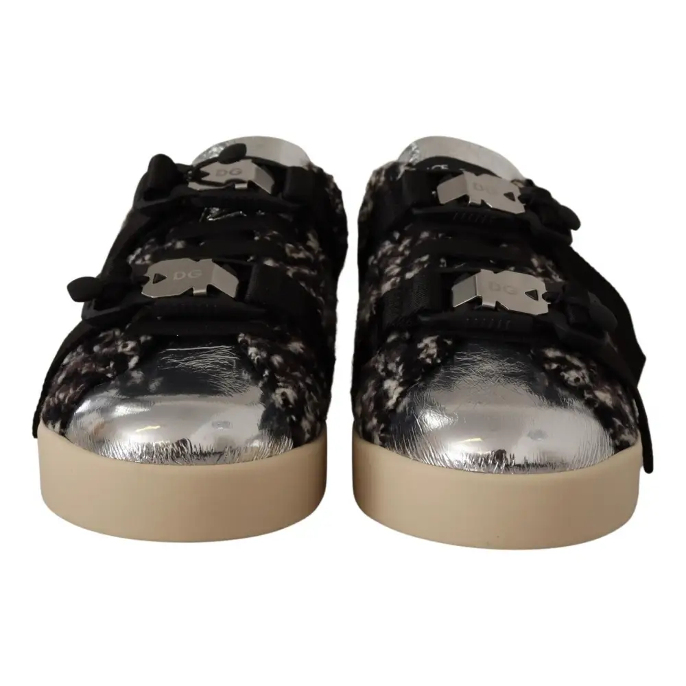 Dolce & Gabbana Silber Leder Braun Baumwolle Wolle Turnschuhe Schuhe - EU44/US11