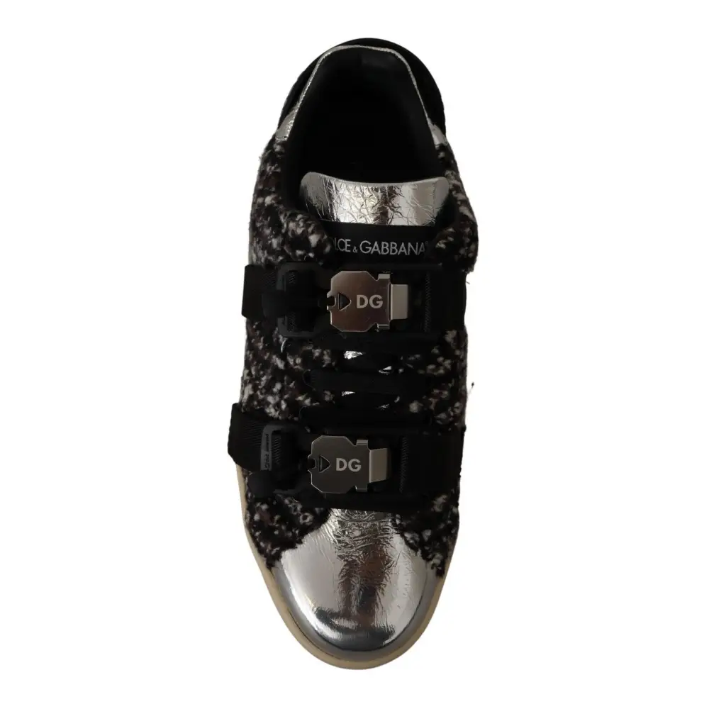 Dolce & Gabbana Silber Leder Braun Baumwolle Wolle Turnschuhe Schuhe - EU44/US11