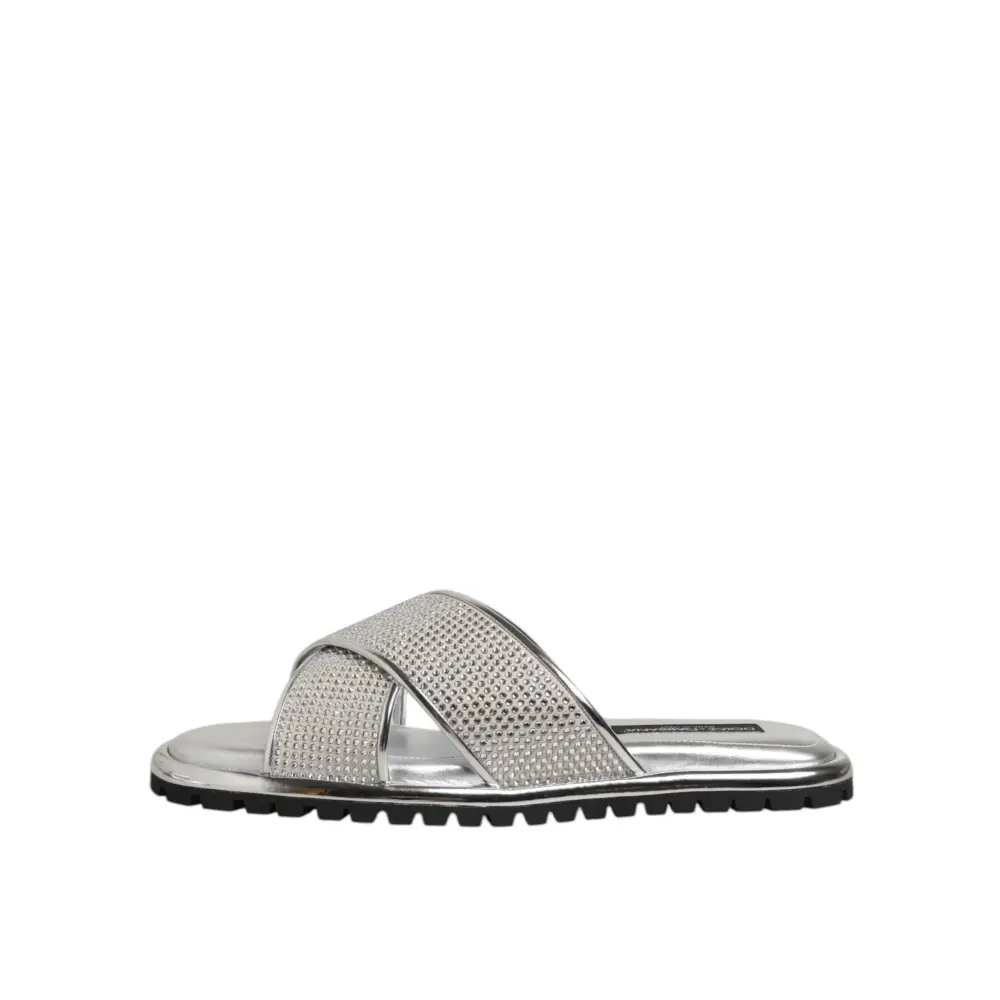 Dolce & Gabbana Silber Strass Rutschen Flats Hausschuhe Schuhe