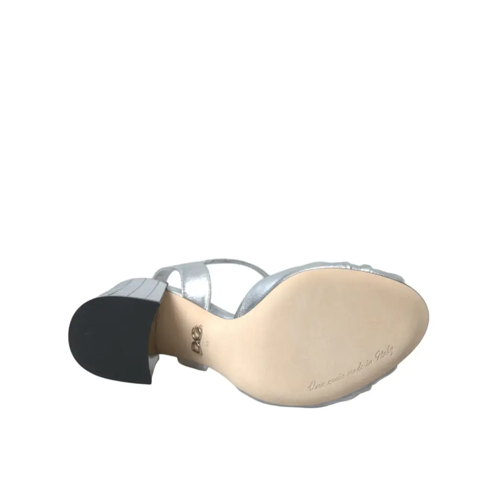 Dolce & Gabbana Silberne Lammfell Leder Absätze Sandalen Schuhe