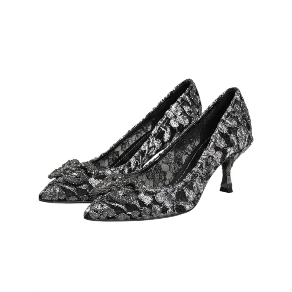 Dolce & Gabbana Silberne Spitzen-Pumps mit DG Amore Absatz - EU35.5/US5