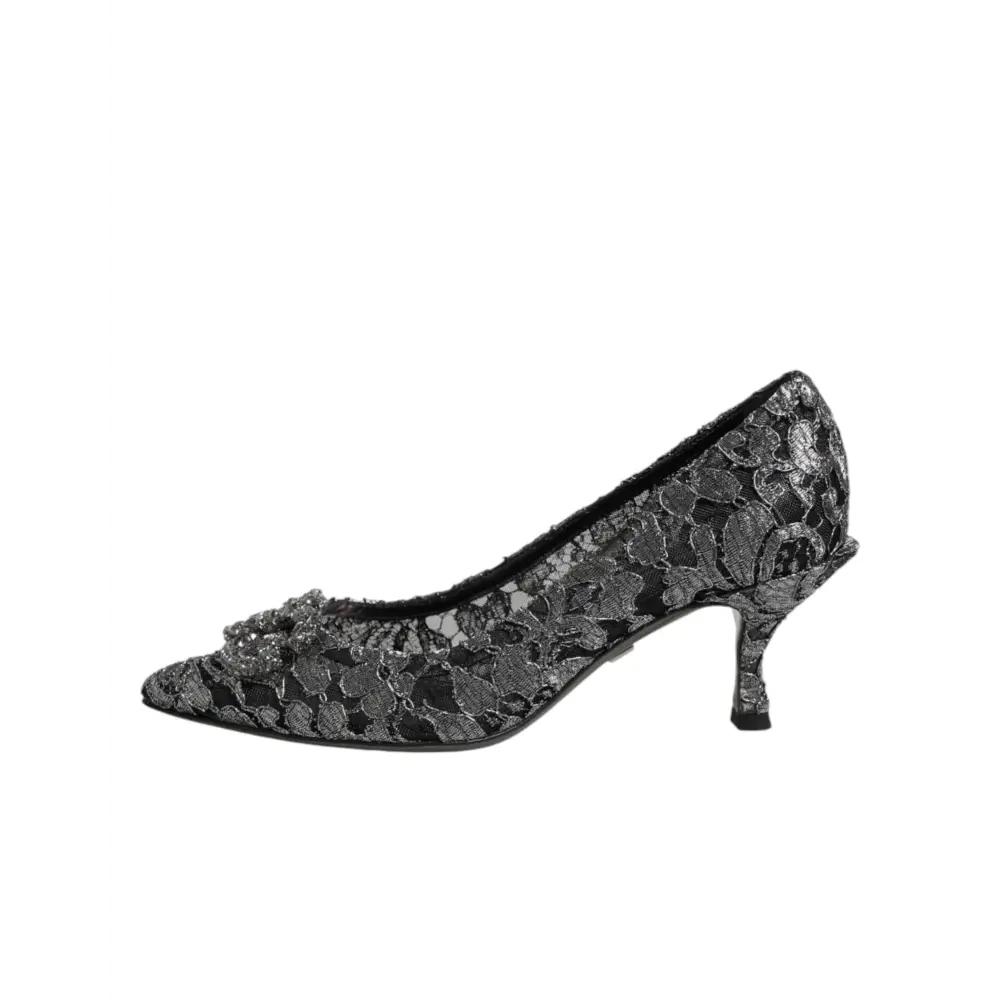 Dolce & Gabbana Silberne Spitzen-Pumps mit DG Amore Absatz - EU35.5/US5