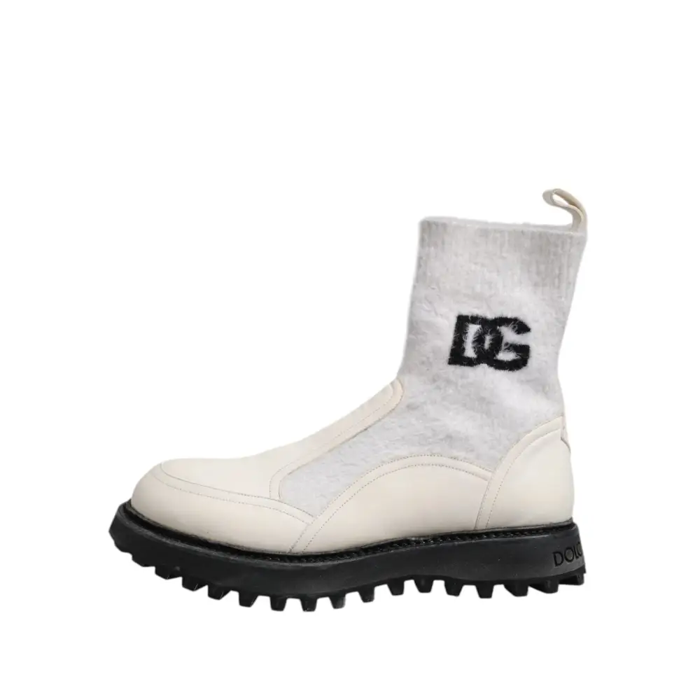 Dolce & Gabbana Weiß Beige DG Logo Mid Calf Stiefel Schuhe - EU44/US11
