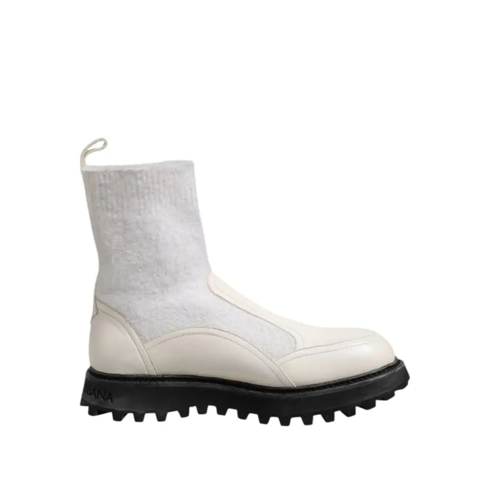 Dolce & Gabbana Weiß Beige DG Logo Mid Calf Stiefel Schuhe - EU44/US11