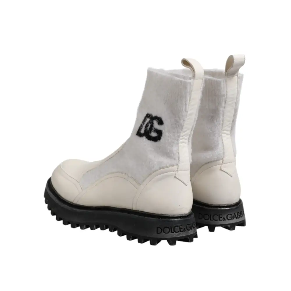 Dolce & Gabbana Weiß Beige DG Logo Mid Calf Stiefel Schuhe - EU44/US11