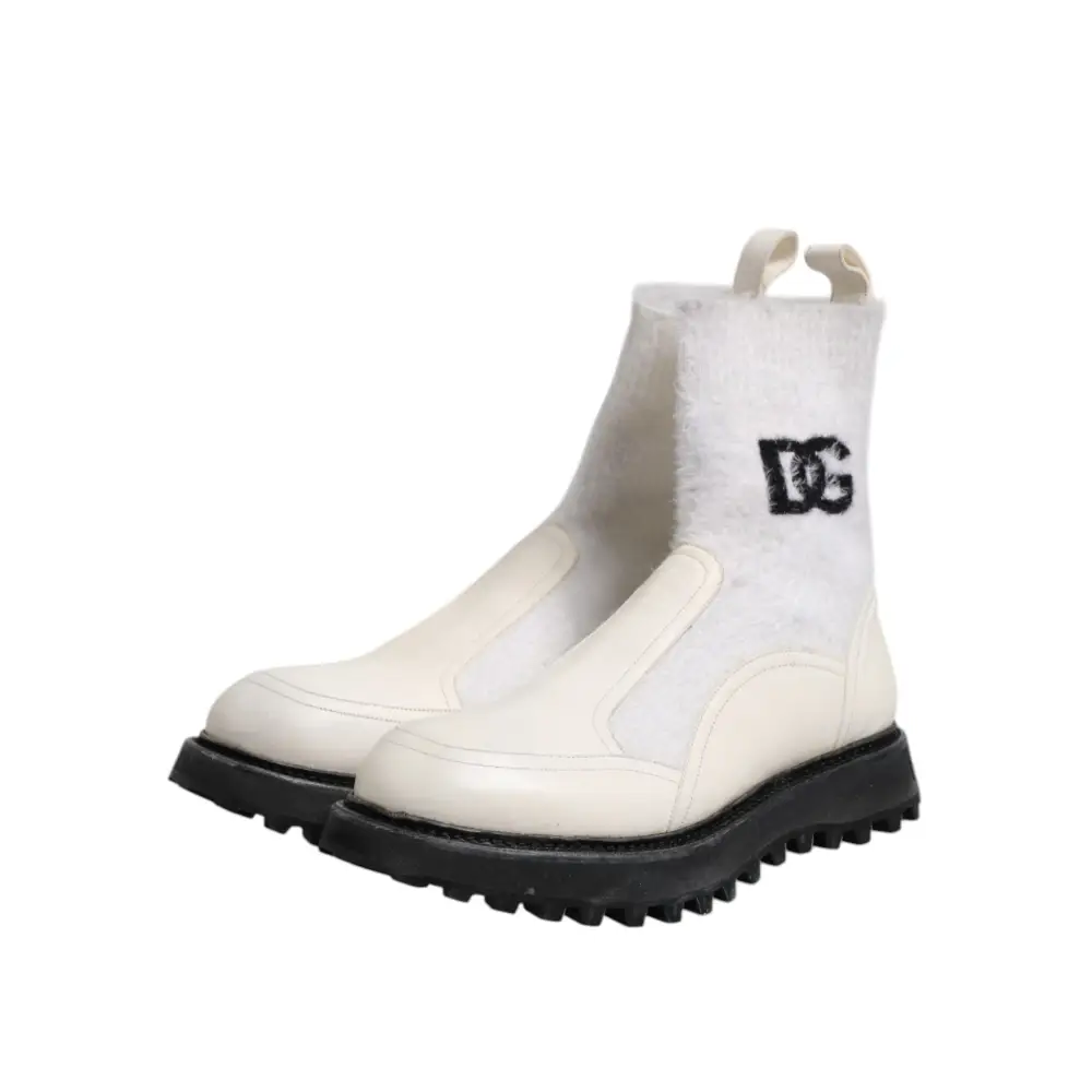 Dolce & Gabbana Weiß Beige DG Logo Mid Calf Stiefel Schuhe - EU44/US11