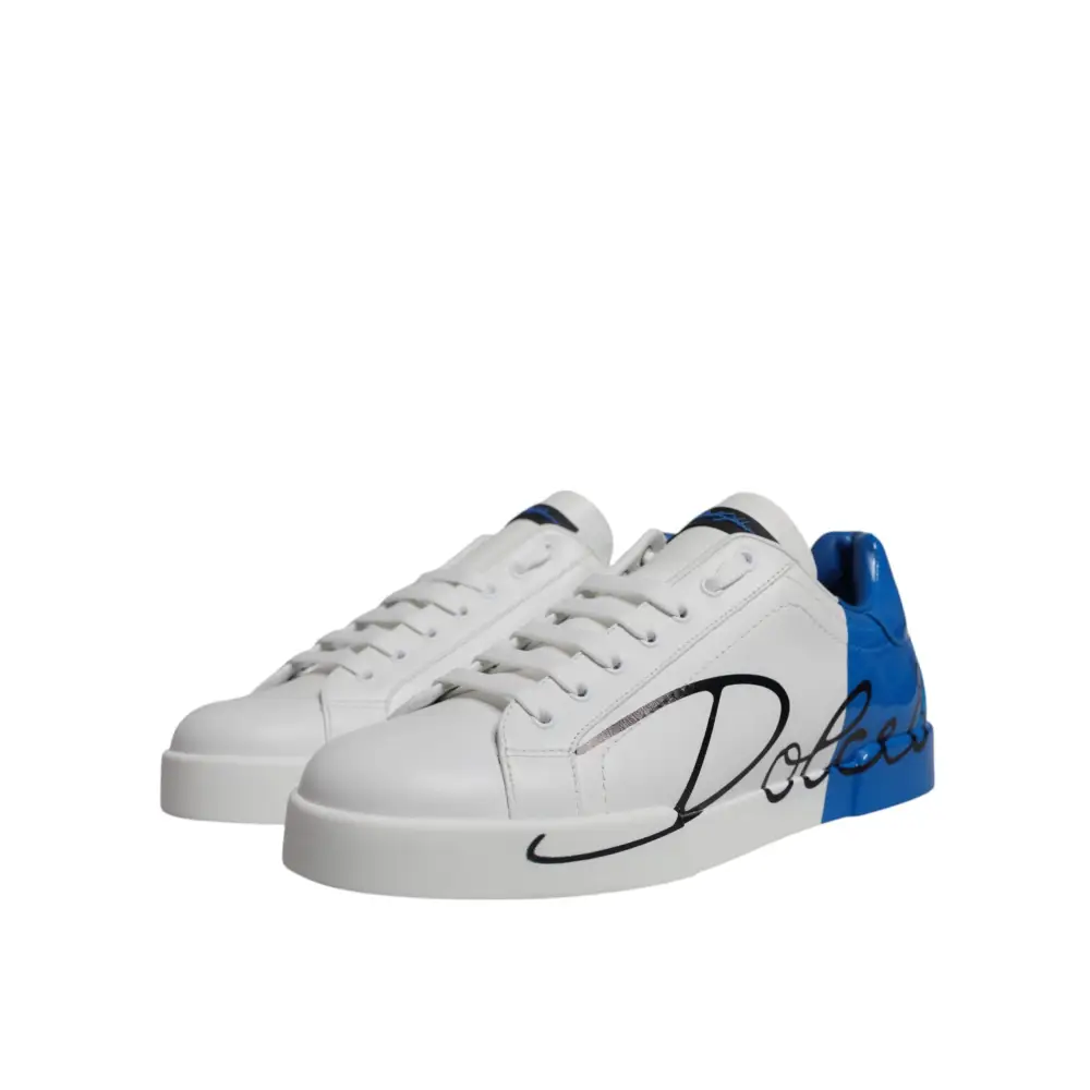 Dolce & Gabbana Weiß Blau Leder Logo Low Top Sneakers Schuhe