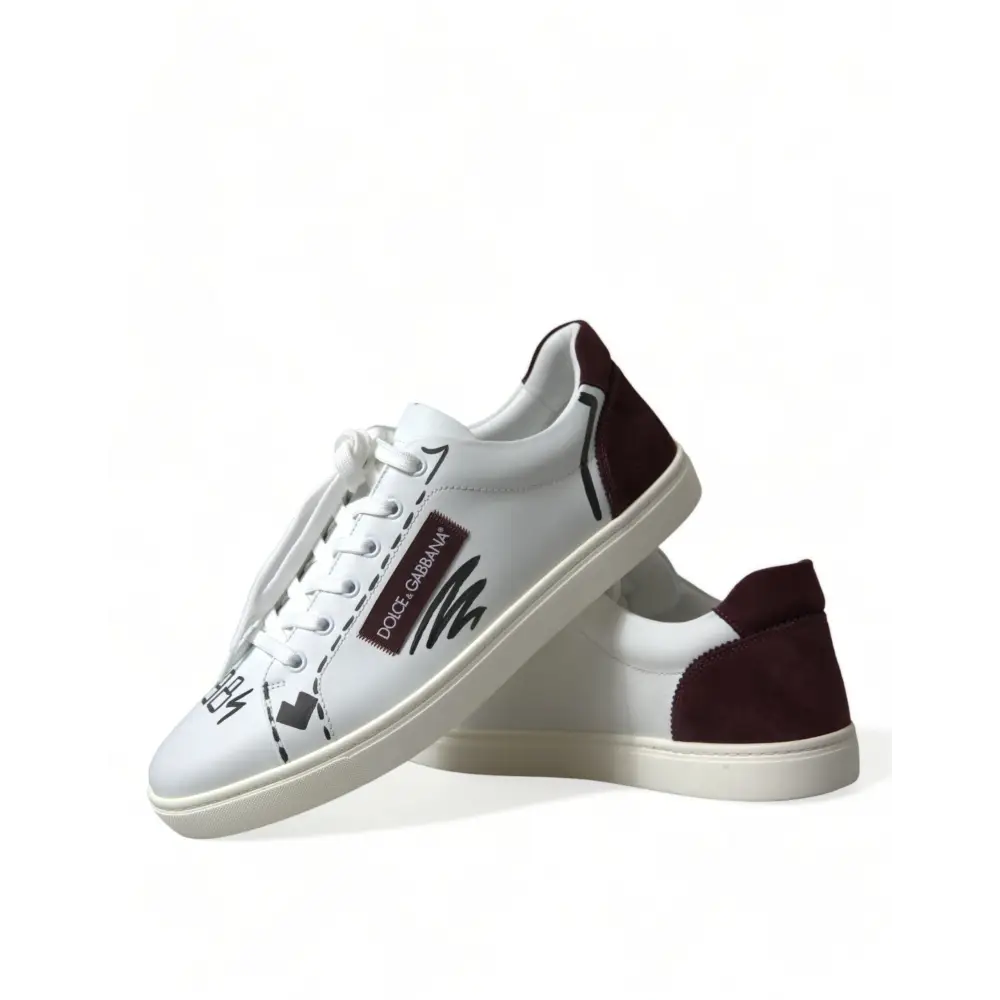 Dolce & Gabbana Weiß Bordeaux Leder Logo Low Top Sneakers Schuhe