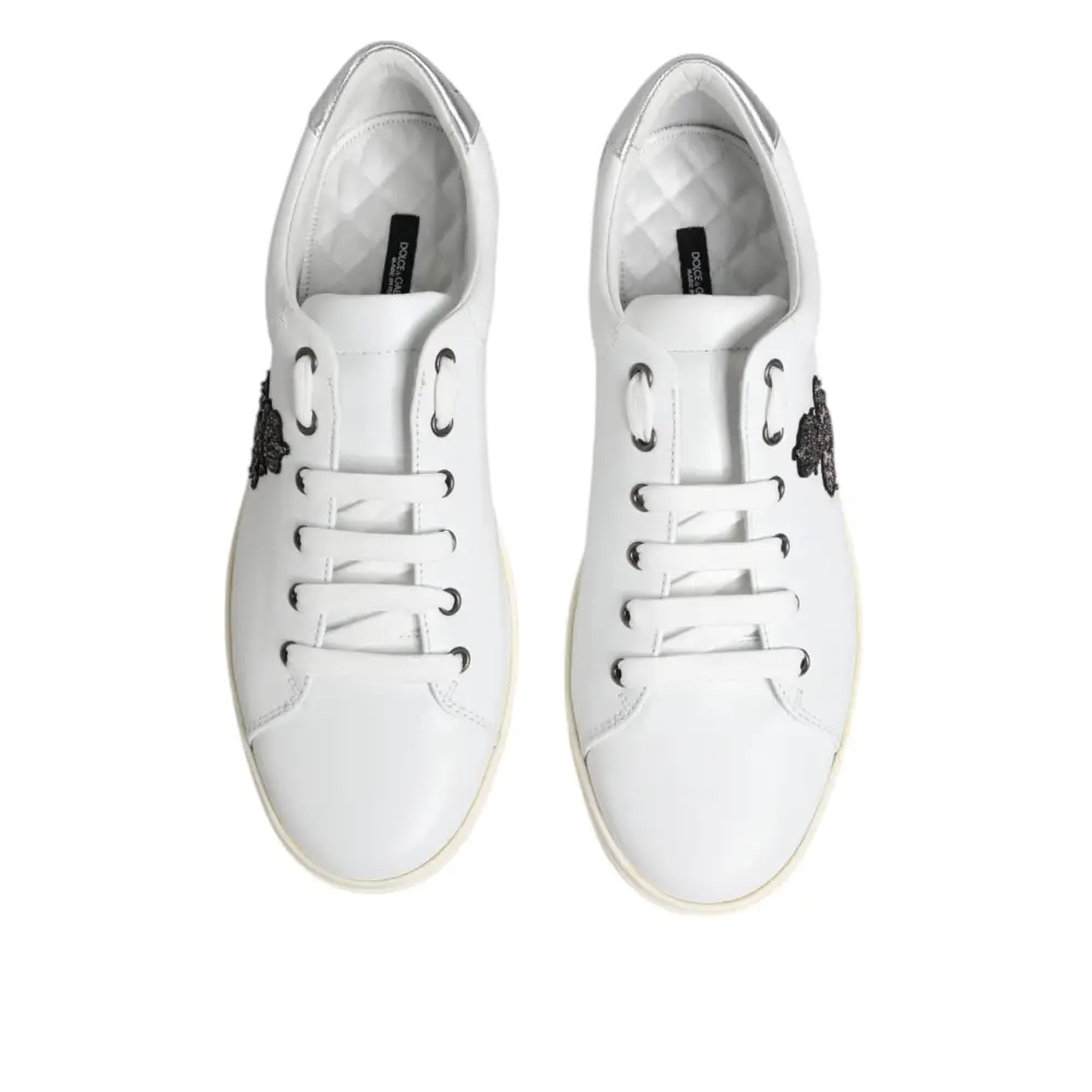 Dolce & Gabbana Weiß Crown Bee Leder Low Top Turnschuhe Schuhe - EU42/US9