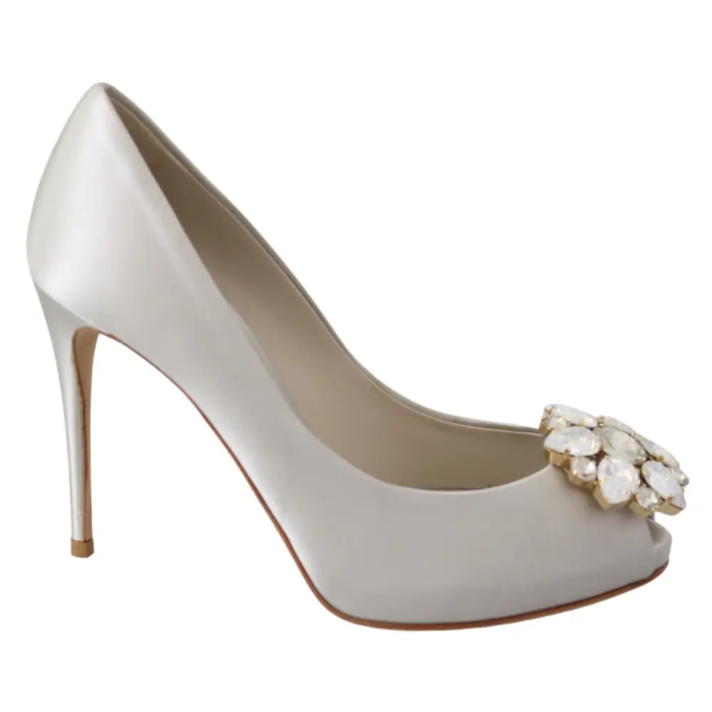 Dolce & Gabbana Weiß Crystals Peep Toe Heels Satin Pumps Schuhe
