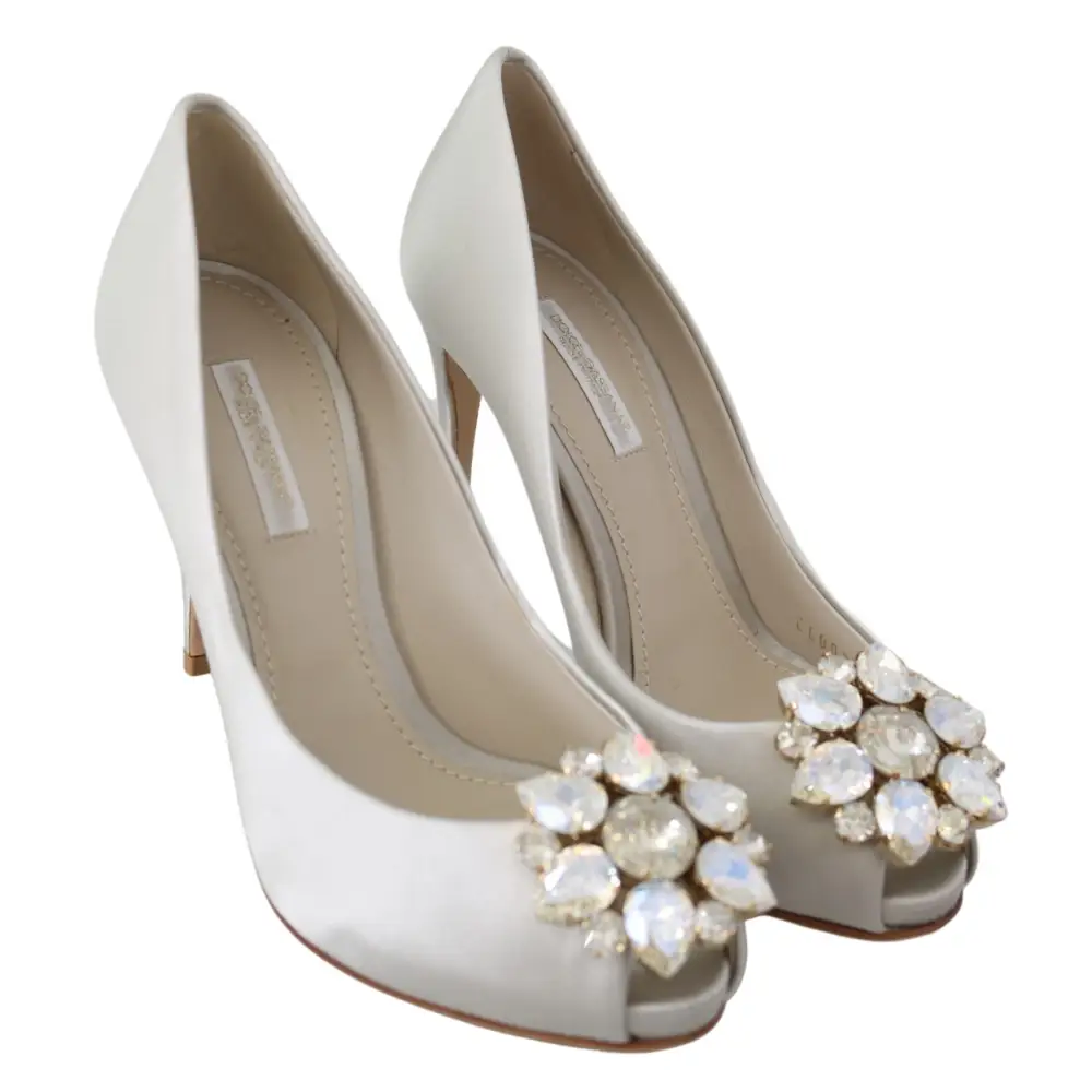 Dolce & Gabbana Weiß Crystals Peep Toe Heels Satin Pumps Schuhe