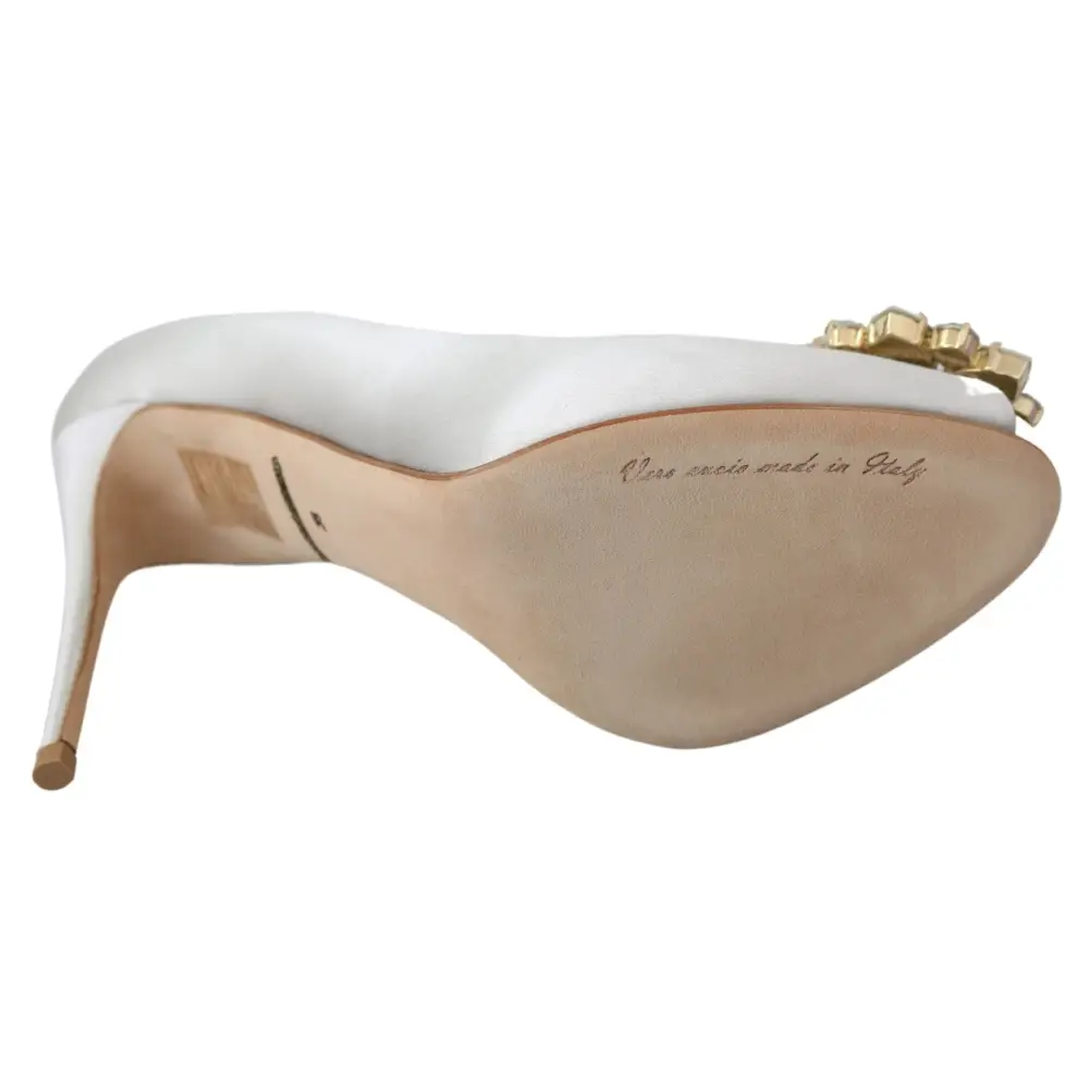 Dolce & Gabbana Weiß Crystals Peep Toe Heels Satin Pumps Schuhe