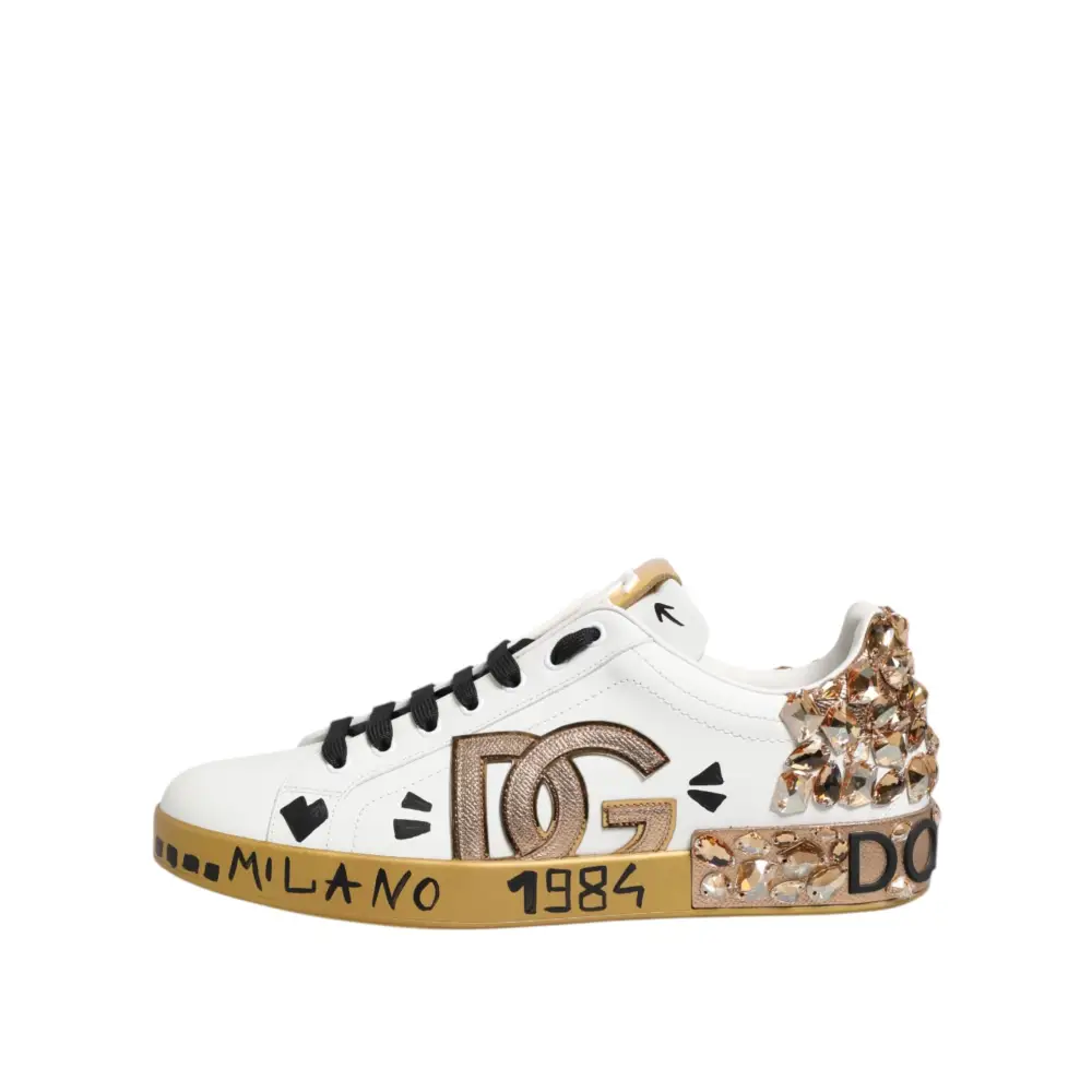 Dolce & Gabbana Weiß Gold Kristall Portofino Turnschuhe Schuhe