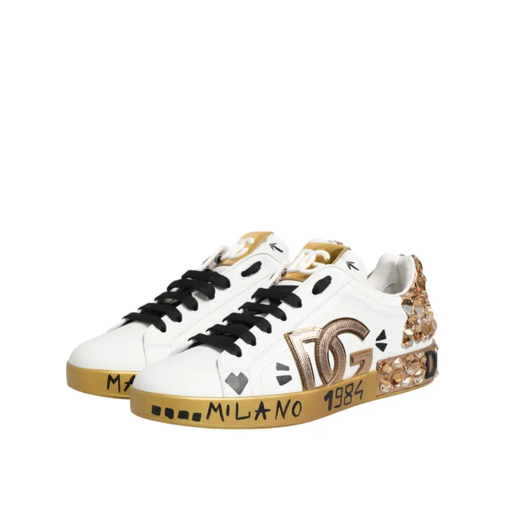 Dolce & Gabbana Weiß Gold Kristall Portofino Turnschuhe Schuhe