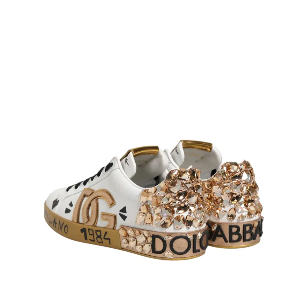 Dolce & Gabbana Weiß Gold Kristall Portofino Turnschuhe Schuhe