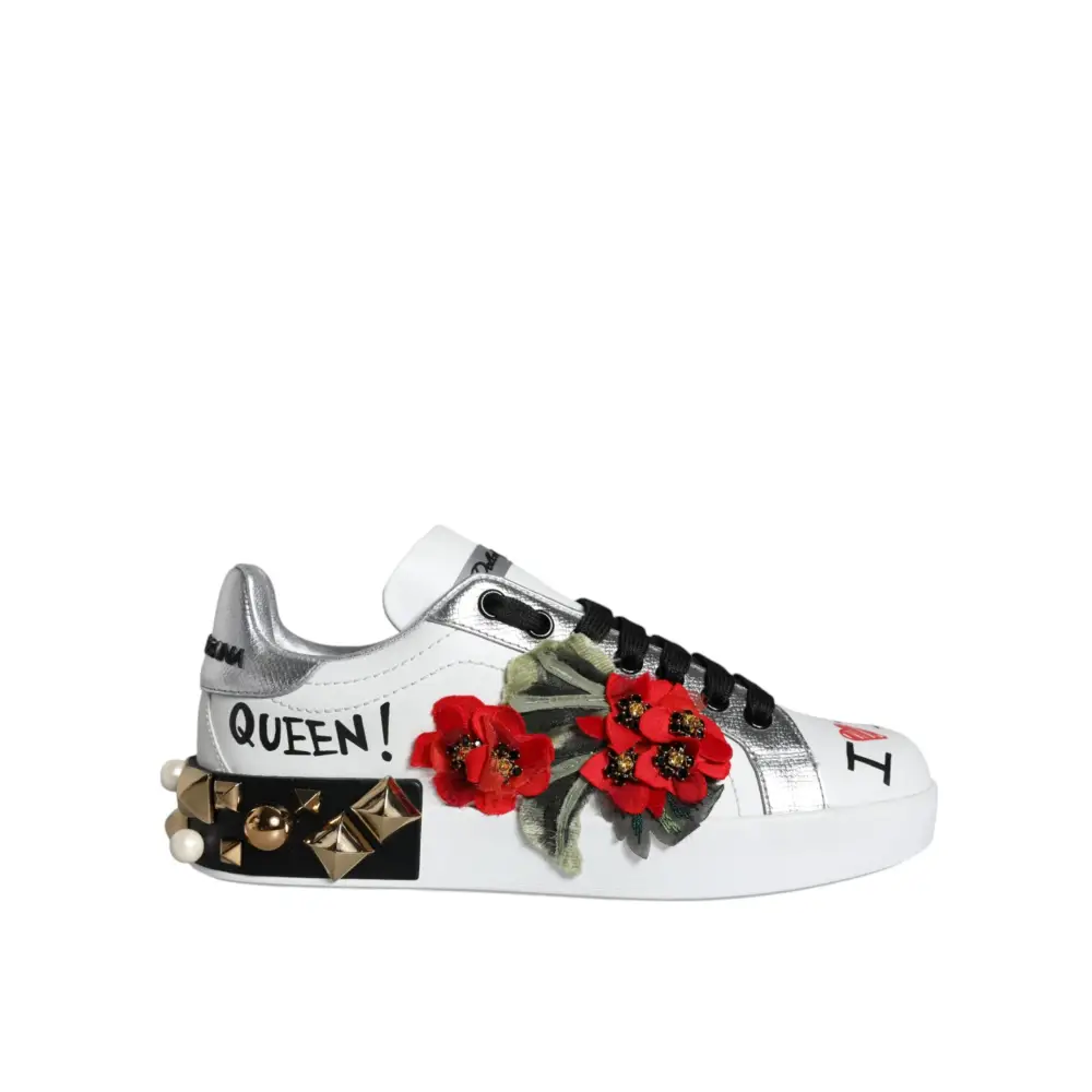 Dolce & Gabbana Weiß Leder Floral Nieten Turnschuhe Schuhe