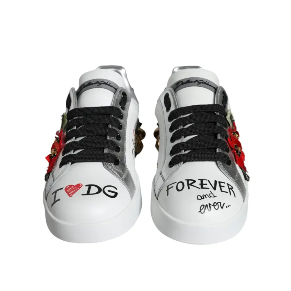 Dolce & Gabbana Weiß Leder Floral Nieten Turnschuhe Schuhe