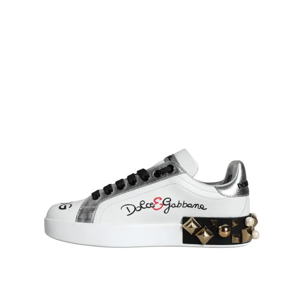 Dolce & Gabbana Weiß Leder Floral Nieten Turnschuhe Schuhe
