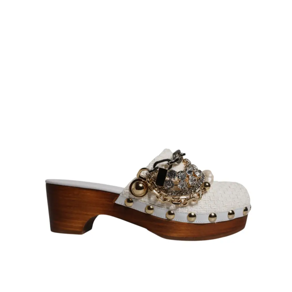 Dolce & Gabbana Weiß Raffia Clogs Bejeweled Kette Sandalen Schuhe - EU35.5/US5