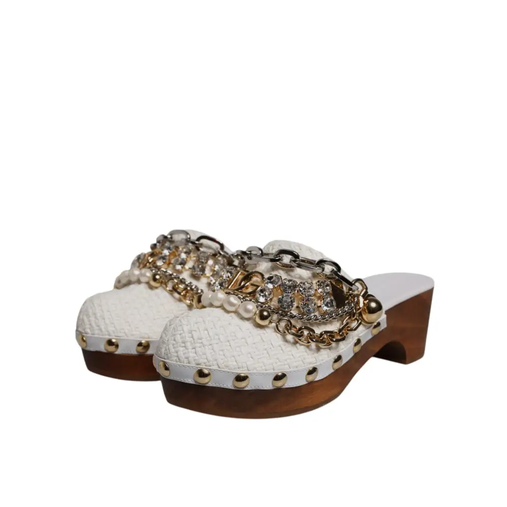 Dolce & Gabbana Weiß Raffia Clogs Bejeweled Kette Sandalen Schuhe - EU35.5/US5