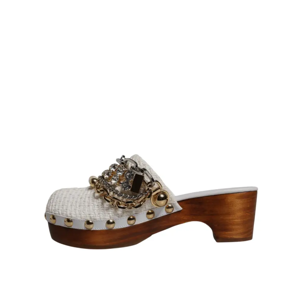 Dolce & Gabbana Weiß Raffia Clogs Bejeweled Kette Sandalen Schuhe - EU35.5/US5