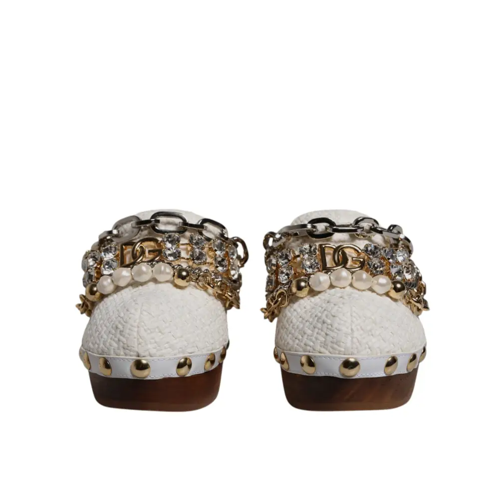 Dolce & Gabbana Weiß Raffia Clogs Bejeweled Kette Sandalen Schuhe - EU35.5/US5