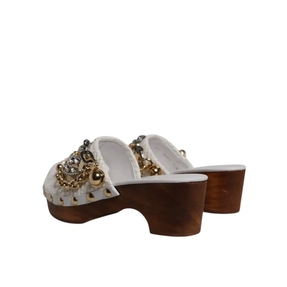 Dolce & Gabbana Weiß Raffia Clogs Bejeweled Kette Sandalen Schuhe - EU35.5/US5