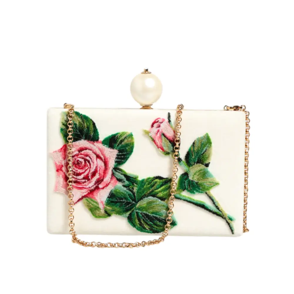 Dolce & Gabbana Weiß Rose Stickerei Seide Gold Frame Clutch Geldbeutel Tasche