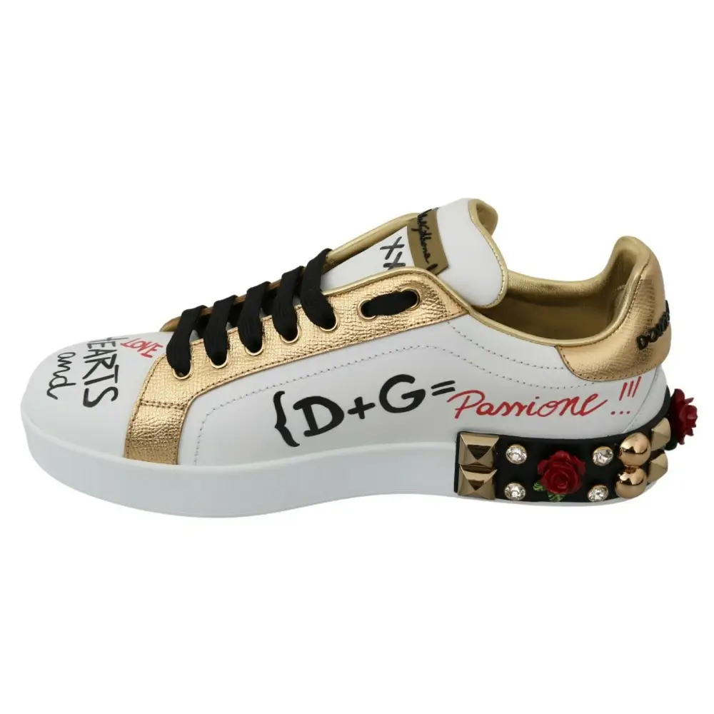 Dolce & Gabbana Weiß Rosen Pailletten Kristall Damen Turnschuhe Schuhe